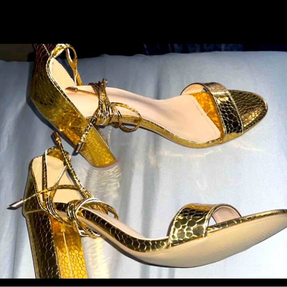 Metallic chunky heeled gladiator heels